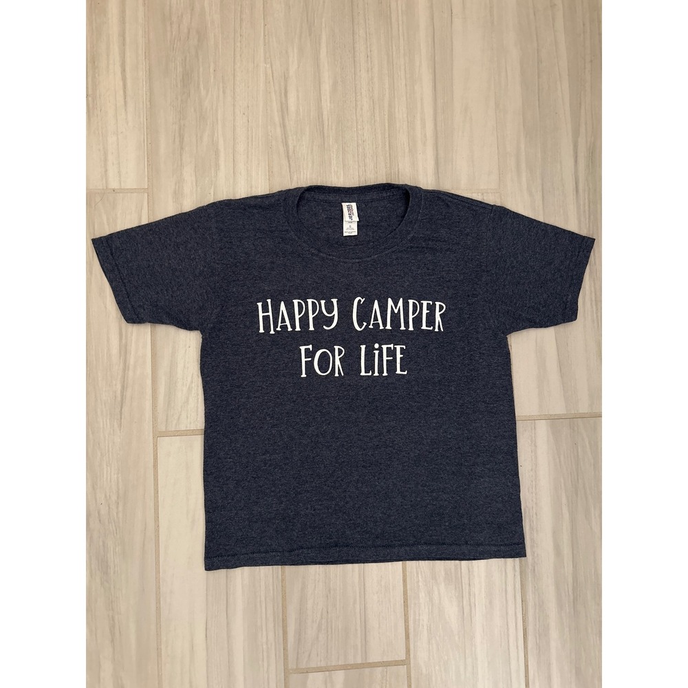 Youth Jerzees Small Happy Camper For Life Graphic T-Shirt Gray Dri-Power Tee
